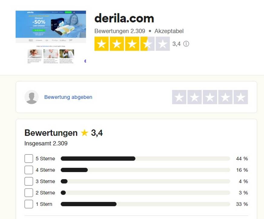 Derila Trustpilot Bewertung 3,4